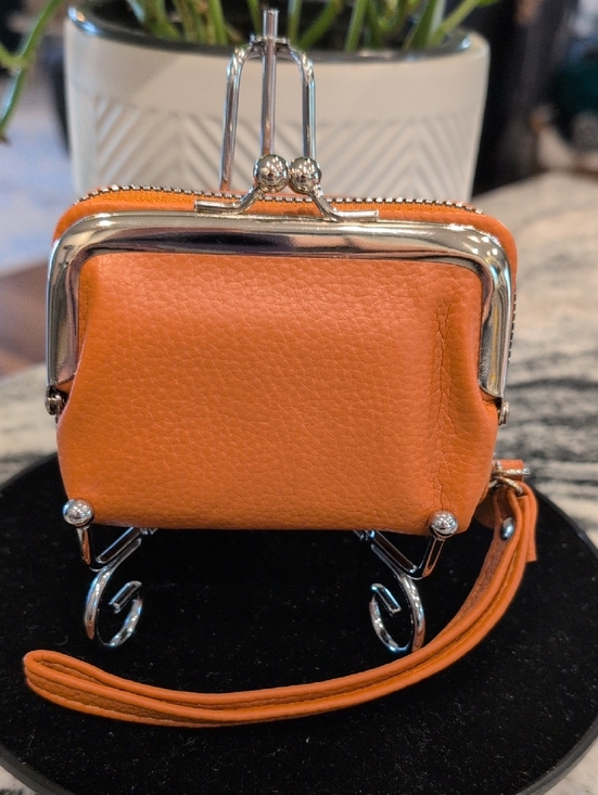 Handbags - Camel Compact Kisslock Leather Wristlet Wallet